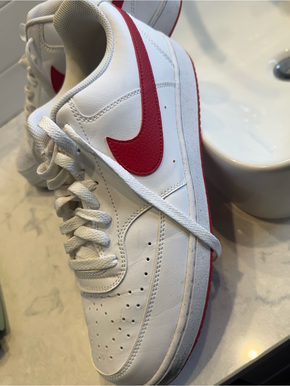 Nike Men’s White Leather Low-Top Sneakers with Red Swoosh